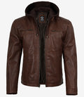Mens Cognac Waxed Biker Style Leather Jacket with Hood