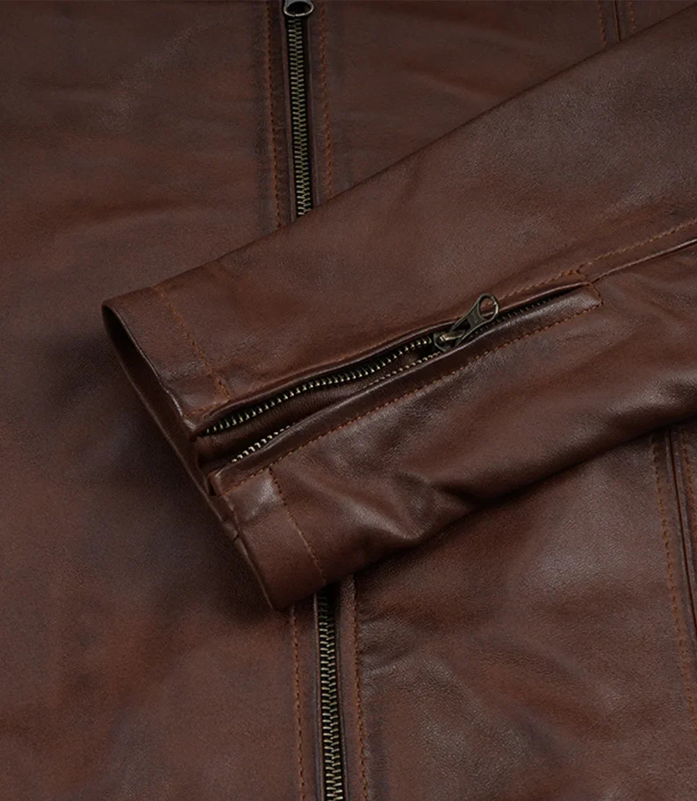 Mens Cognac Waxed Biker Style Leather Jacket with Hood