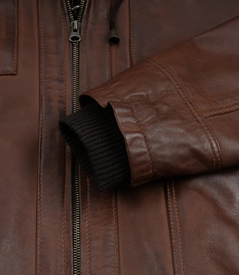 Mens Cognac Waxed Bomber Leather Jacket With Hood