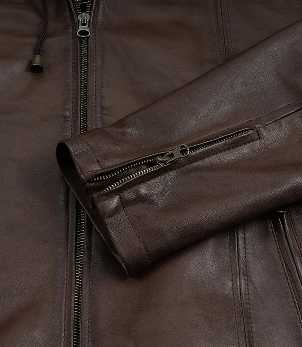 Mens Dark Brown Biker Style Leather Jacket with Hood