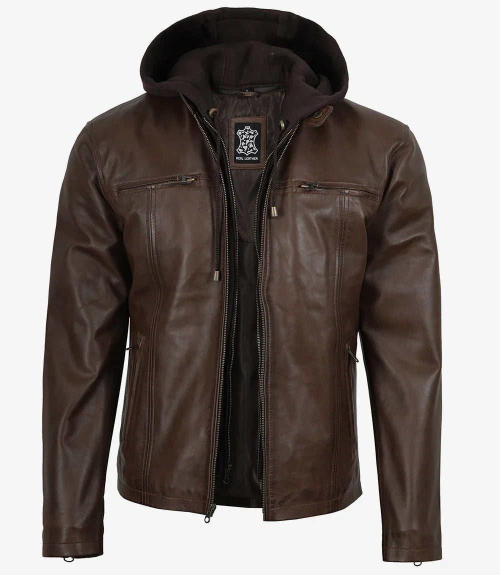 Mens Dark Brown Biker Style Leather Jacket with Hood