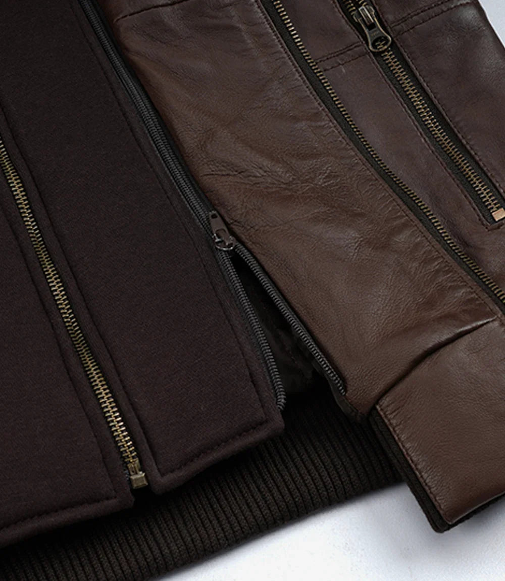 Mens Dark Brown Bomber Leather Jacket With Hood