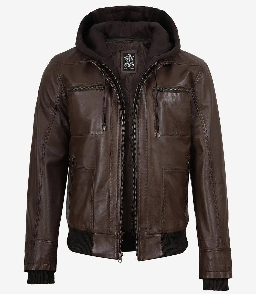Mens Dark Brown Bomber Leather Jacket With Hood