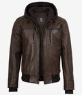 Mens Dark Brown Bomber Leather Jacket With Hood