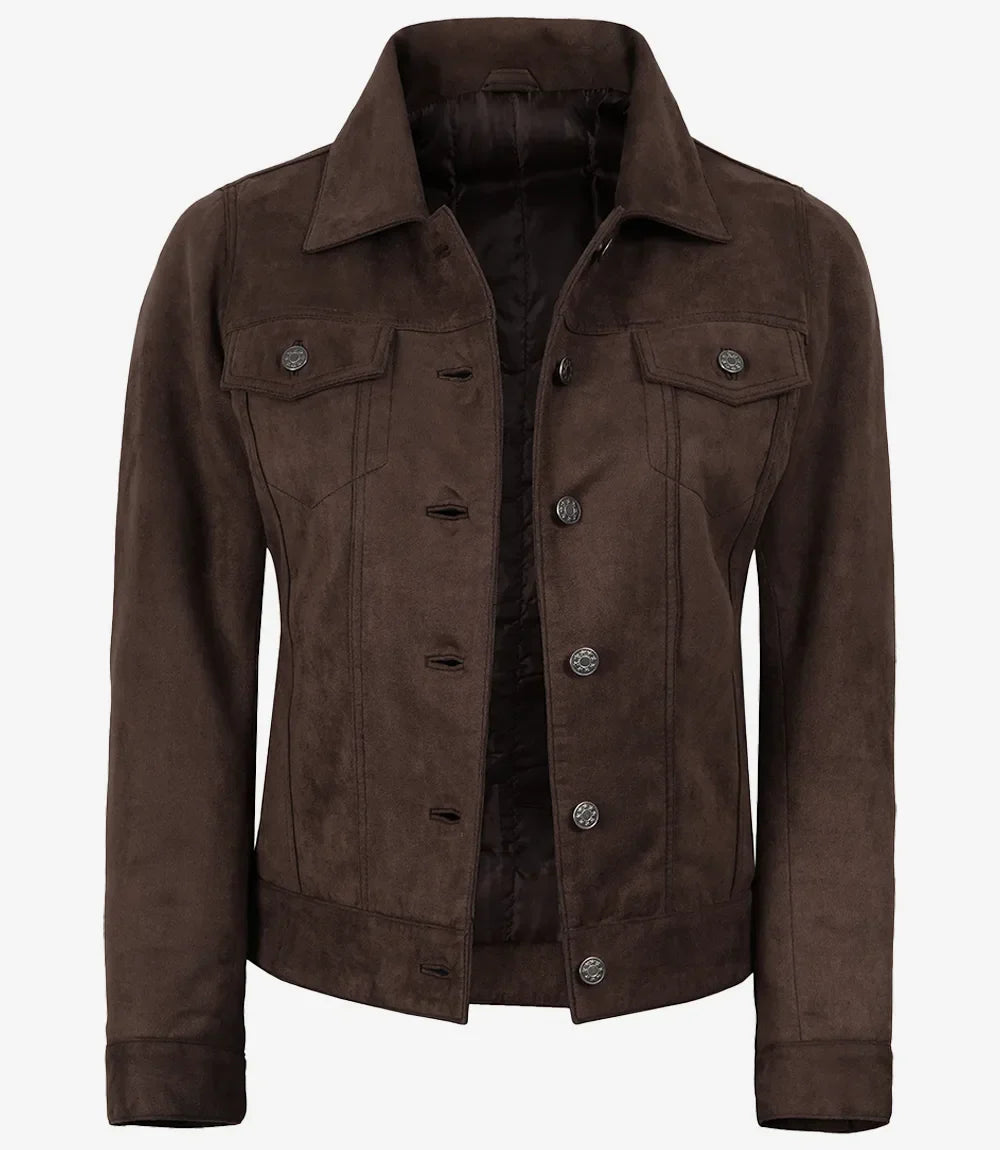 Womens' Dark Brown Faux Suede Trucker Jacket