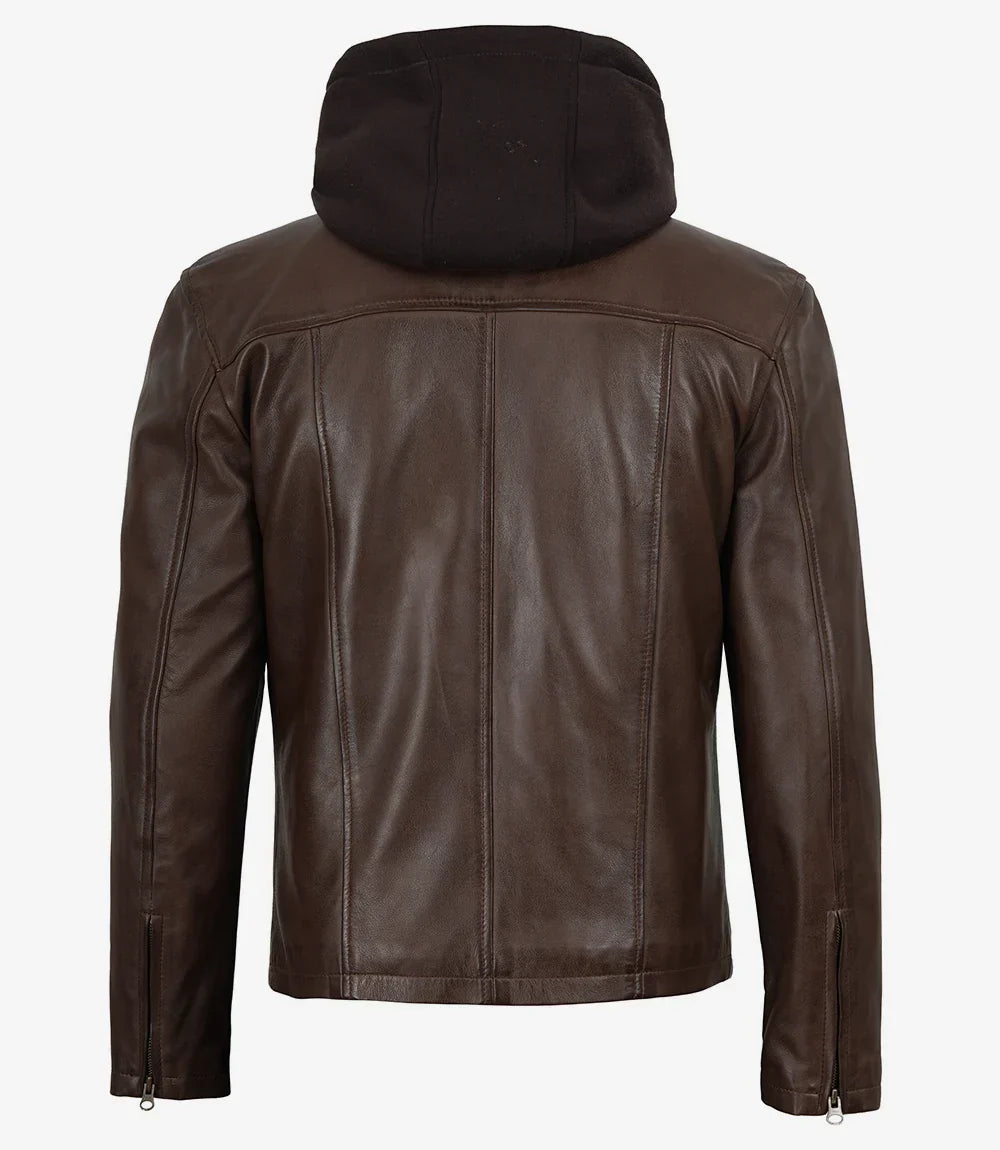 Mens Dark Brown Biker Style Leather Jacket with Hood