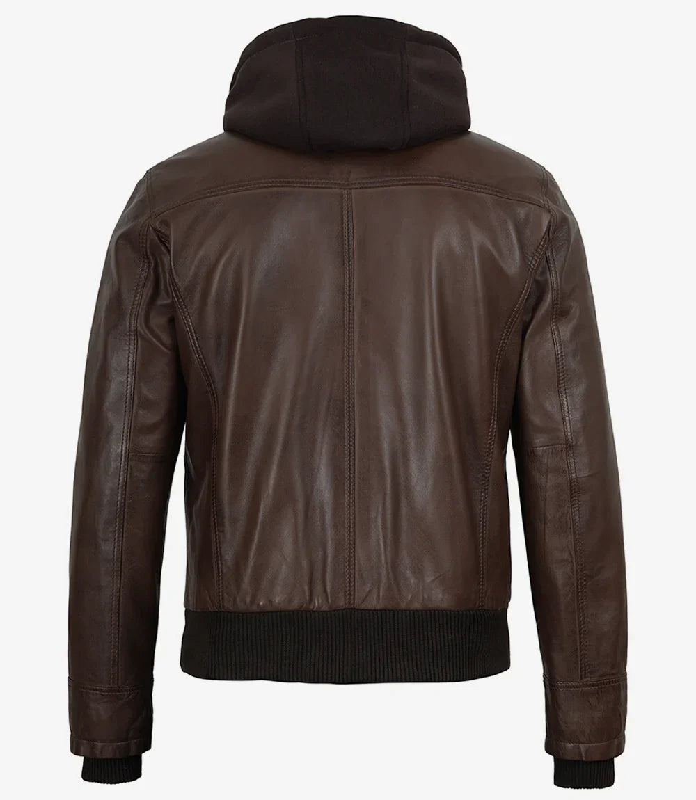 Mens Dark Brown Bomber Leather Jacket With Hood
