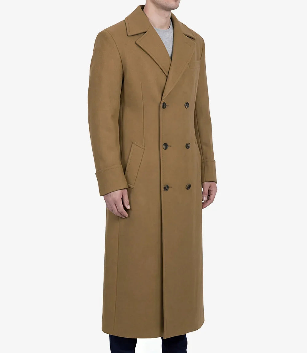 Aaron Mens Camel Brown Double Breasted Wool Coat
