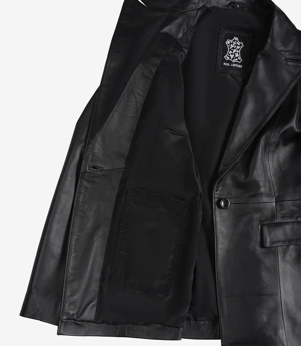 Womens Peak Lapel Black Leather Blazer - Single Button Closure