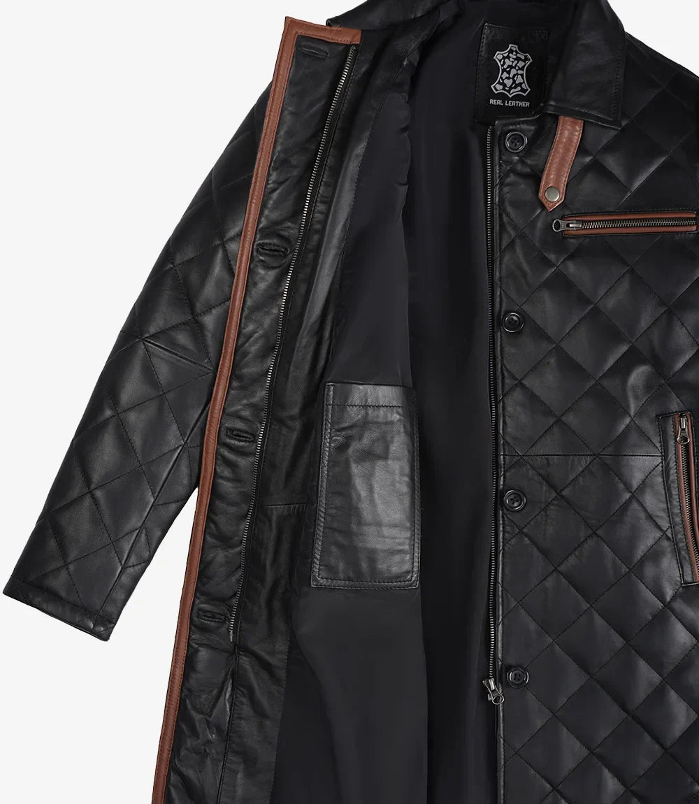 Glen Womens Real Leather Black Quilted Car Coat with Brown Detailing