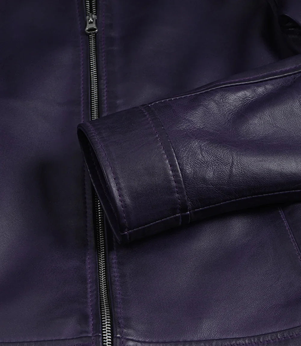 Women's Purple Waxed Shirt Collar Harrington Leather Jacket