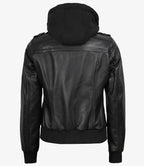 Women's Black Leather Bomber Jacket with Removable Hood