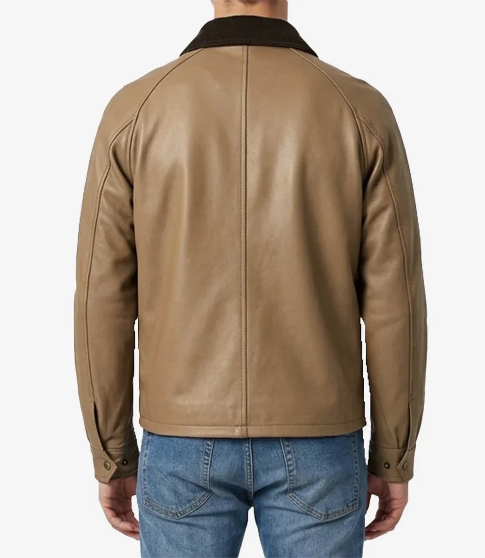 Men's Beige Lambskin Leather Barn Jacket with Raglan Sleeves