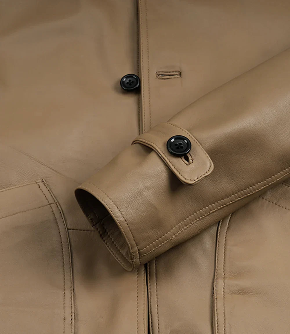 Men's Beige Leather Barn Jacket with Contrast Collar