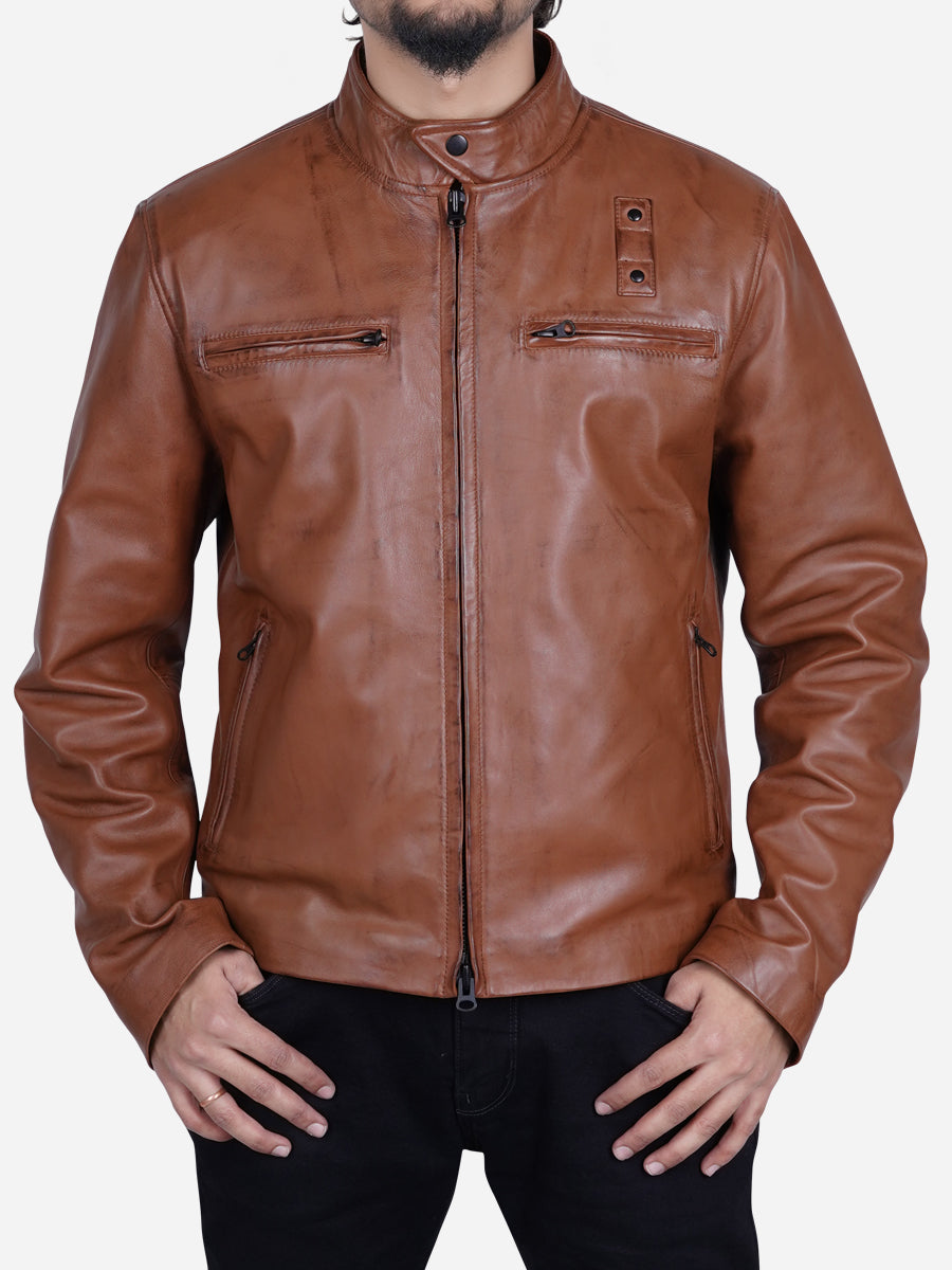 Jakub Men's Distressed Brown Motorcycle Leather Jacket Daroosh