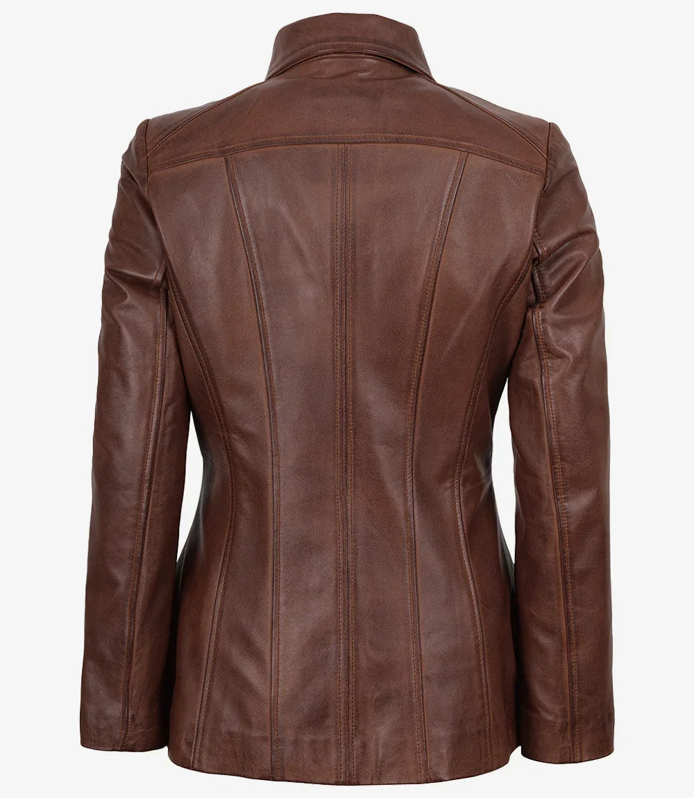 Marsha Womens Cognac Leather Car Coat