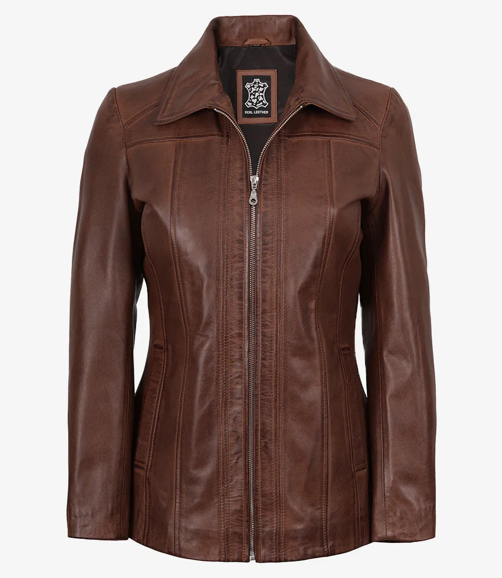 Marsha Womens Cognac Leather Car Coat