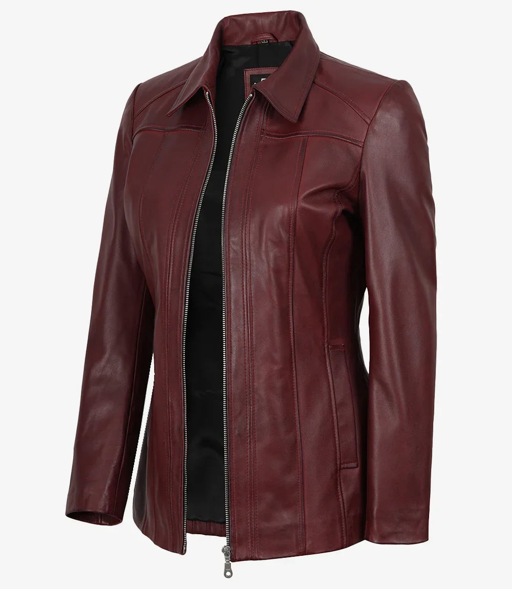 Marsha Womens Maroon Leather Car Coat