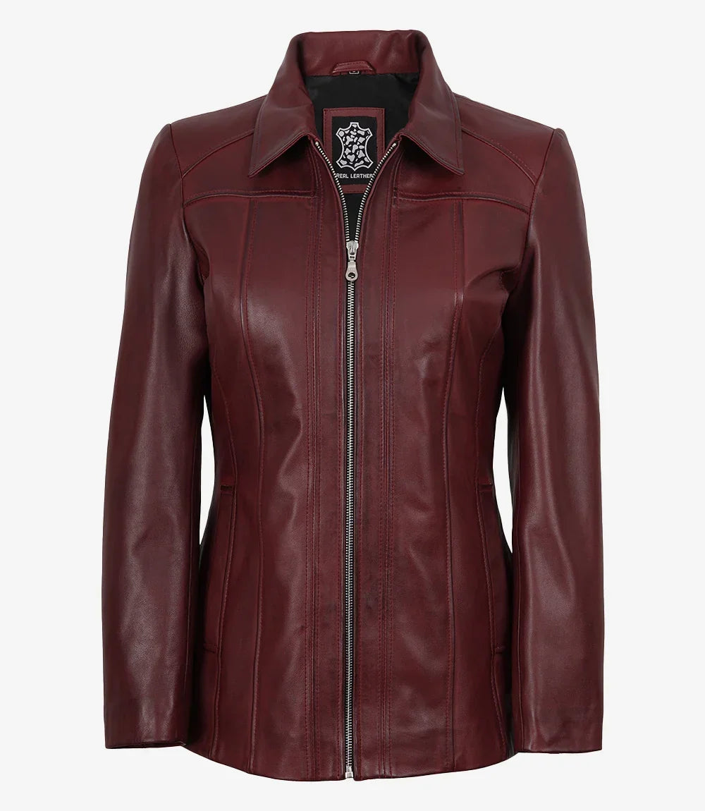 Marsha Womens Maroon Leather Car Coat