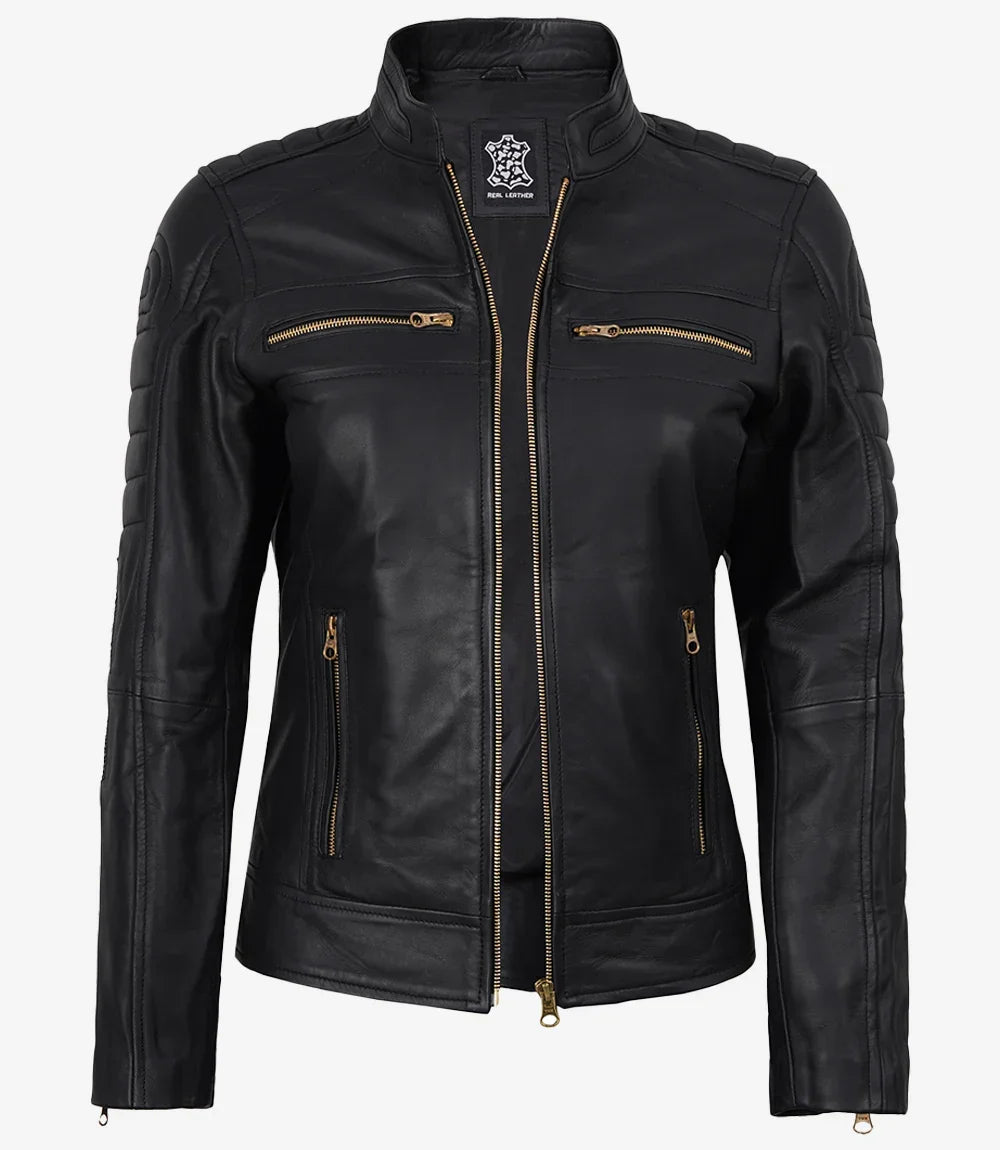 Women's Matte Black Leather Cafe Racer Jacket with Gold Zippers