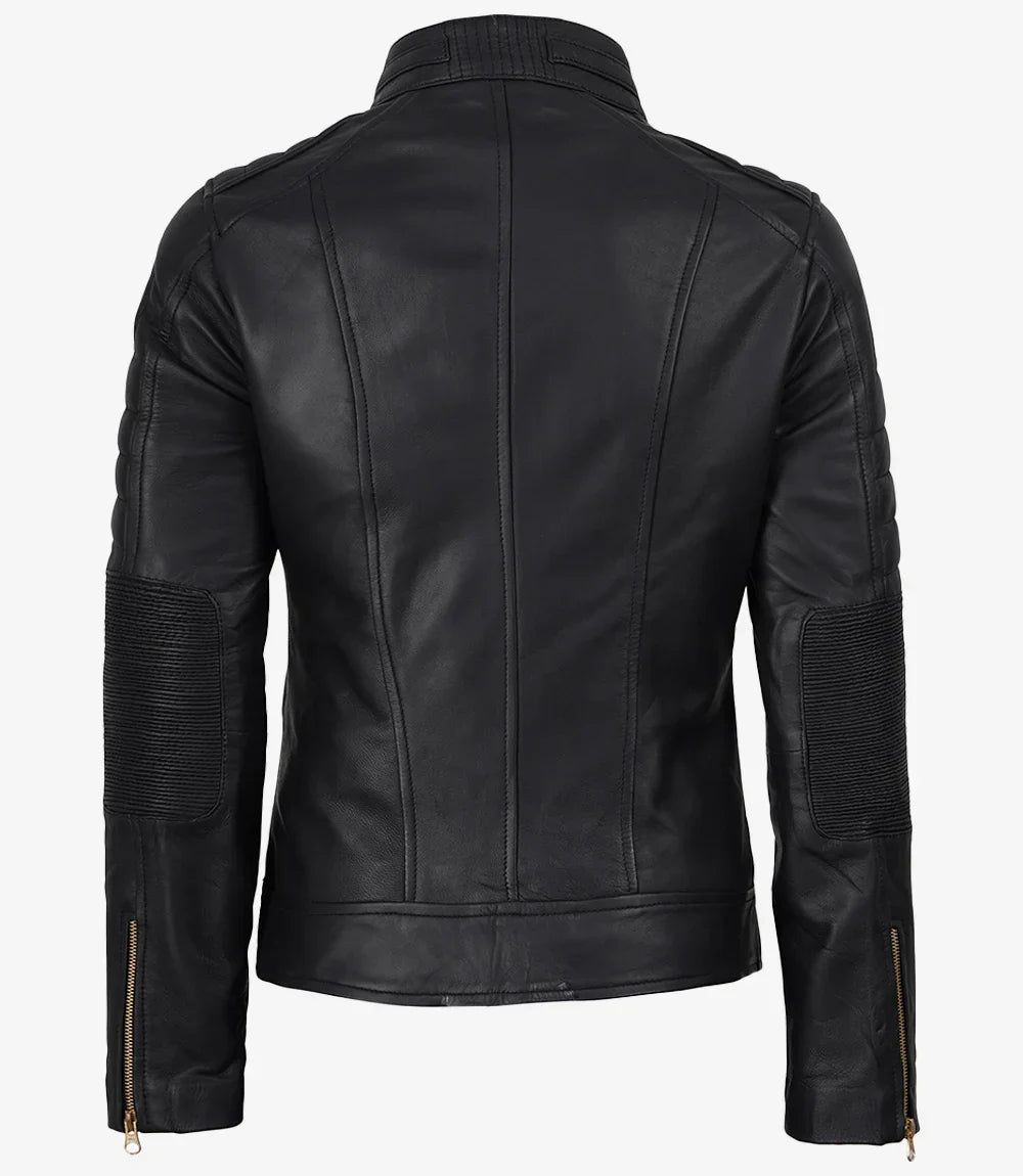 Women's Matte Black Leather Cafe Racer Jacket with Gold Zippers