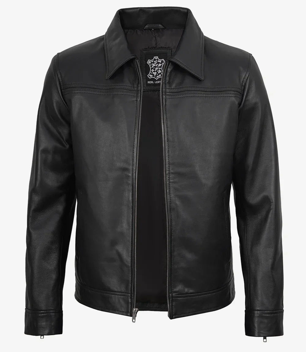 Mark Men's Black Leather Shirt Collar Jacket
