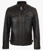 Men's Tall Distressed Brown Leather Biker Style Jacket - Quilted Shoulder