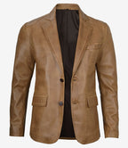 Mens Two Button Camel Brown Leather Blazer
