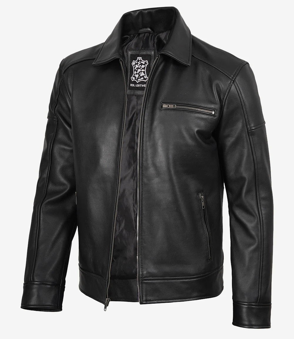 Men's Neville Black Lambskin Leather Harrington Jacket