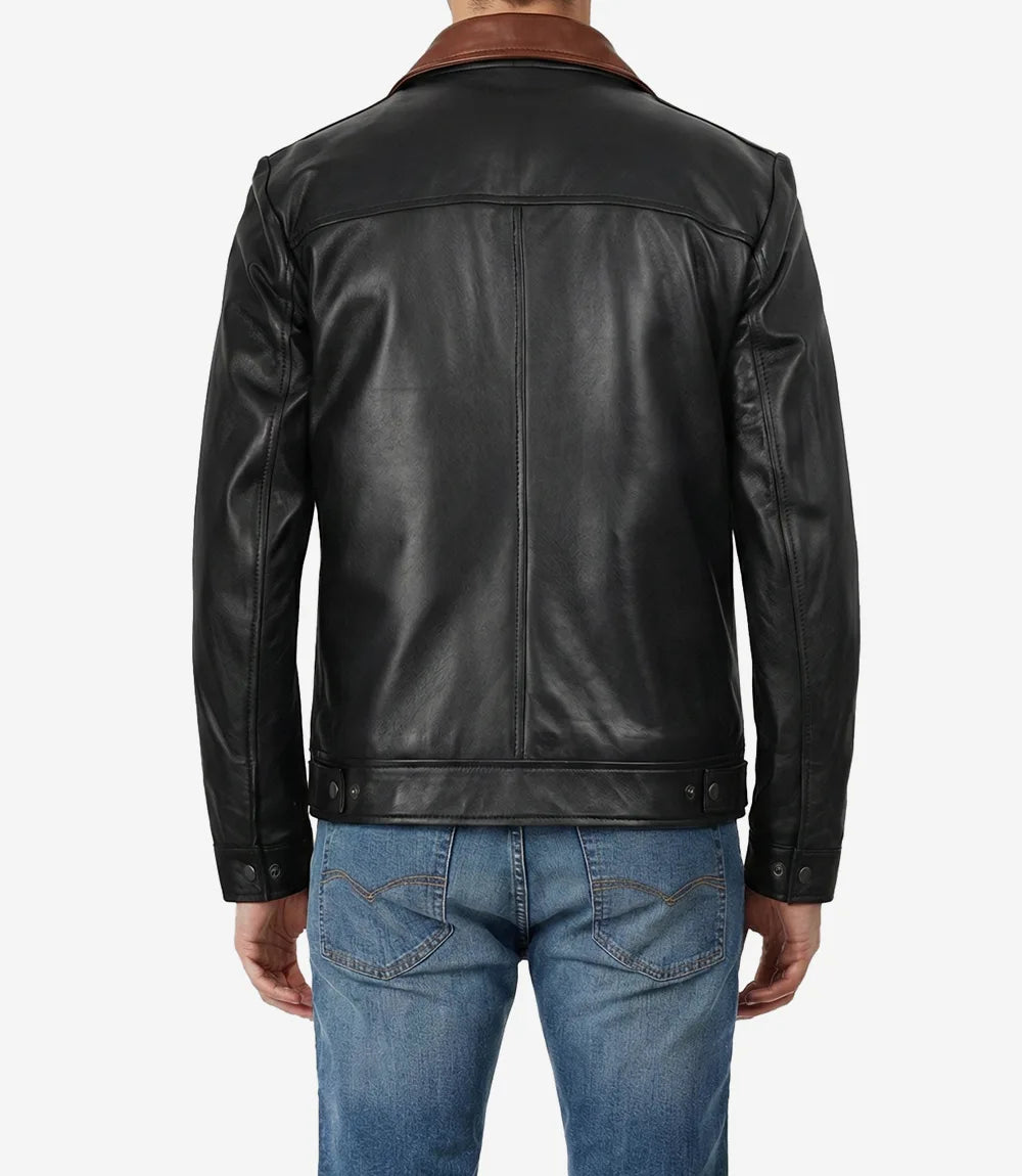 Mens Cognac Shirt Collar Black Harrington Leather Jacket