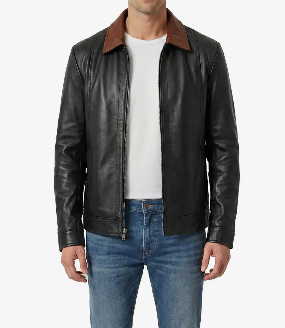 Mens Cognac Shirt Collar Black Harrington Leather Jacket