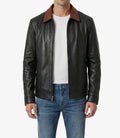 Mens Cognac Shirt Collar Black Harrington Leather Jacket