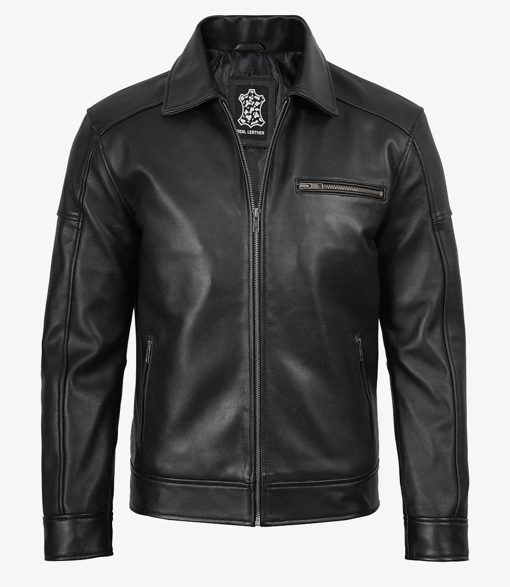 Men's Neville Black Lambskin Leather Harrington Jacket
