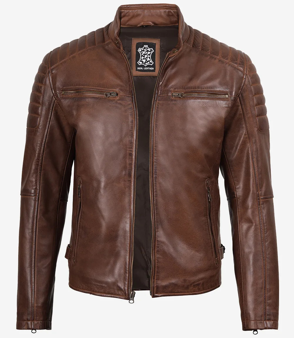 Mens Cognac Waxed Biker Style Leather Jacket