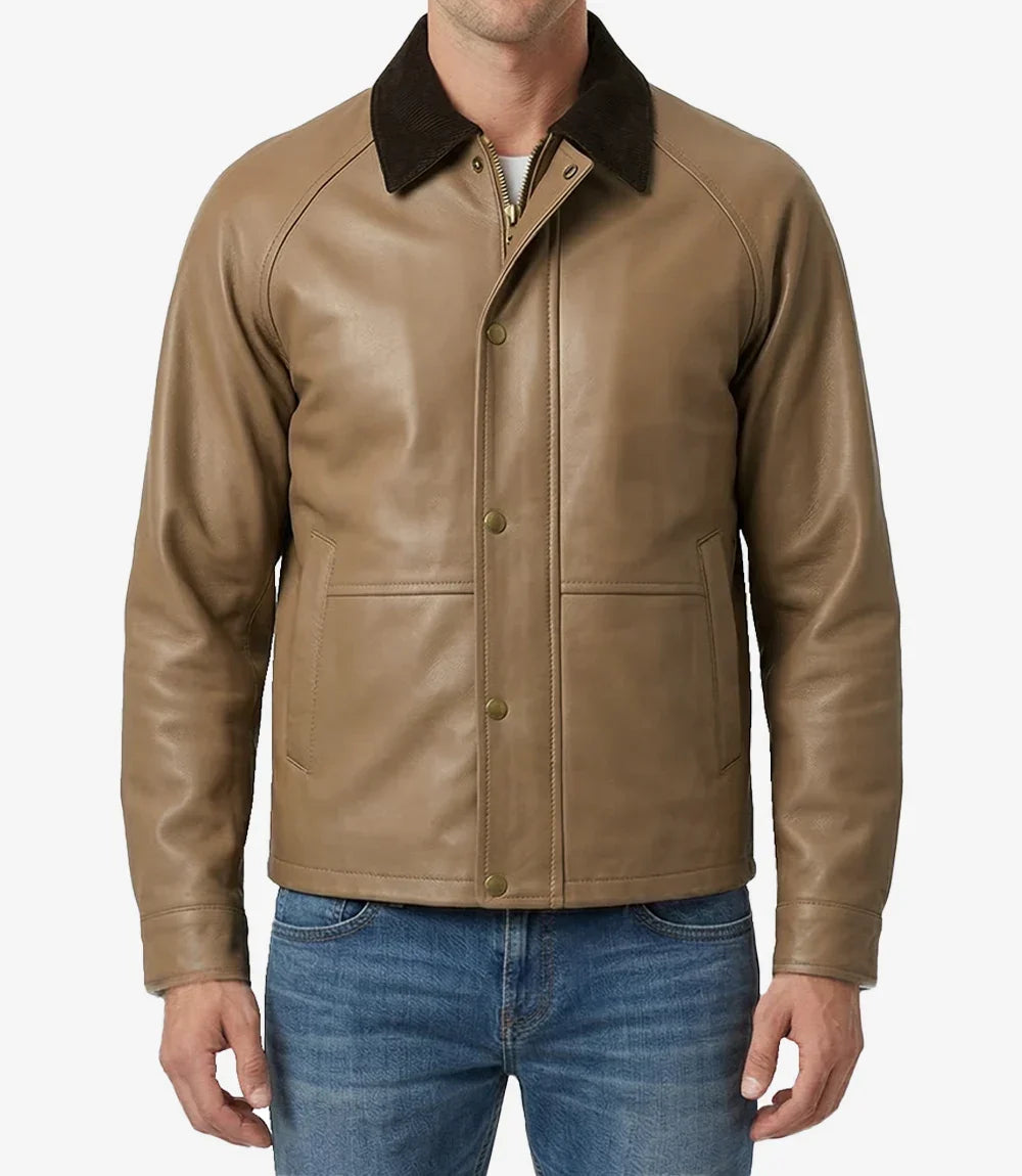 Men's Beige Lambskin Leather Barn Jacket with Raglan Sleeves
