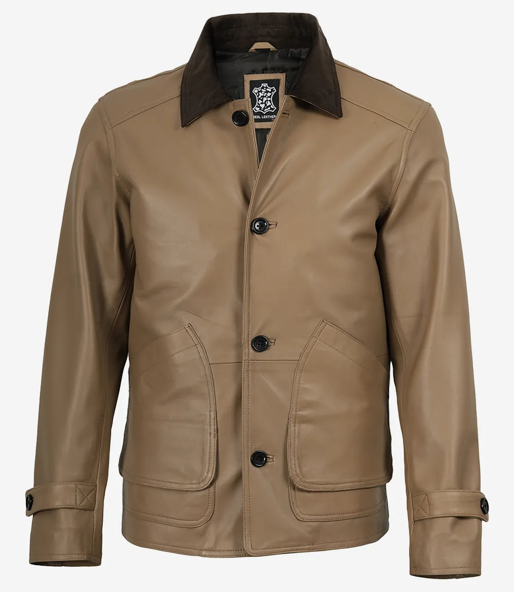 Men's Beige Leather Barn Jacket with Contrast Collar