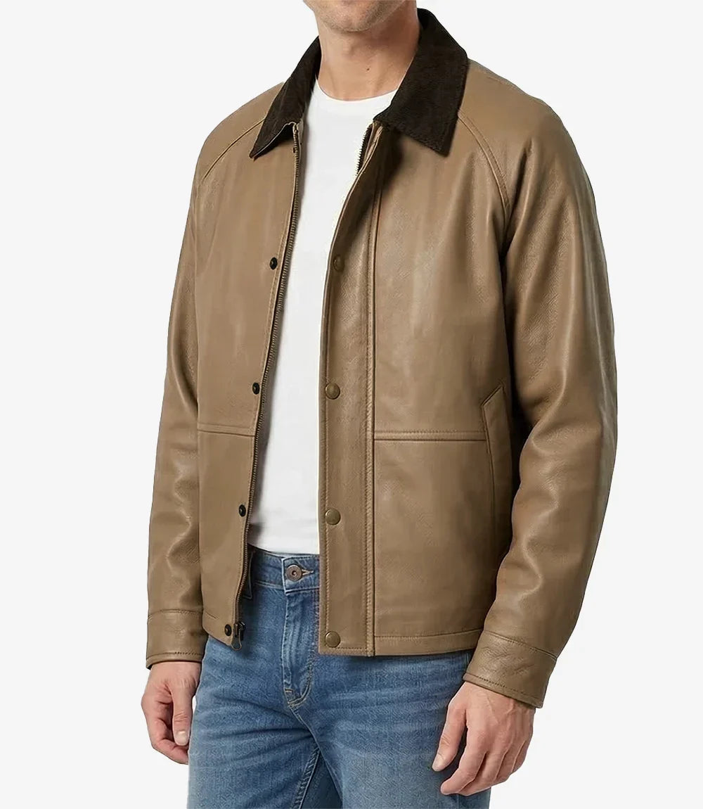 Men's Beige Lambskin Leather Barn Jacket with Raglan Sleeves