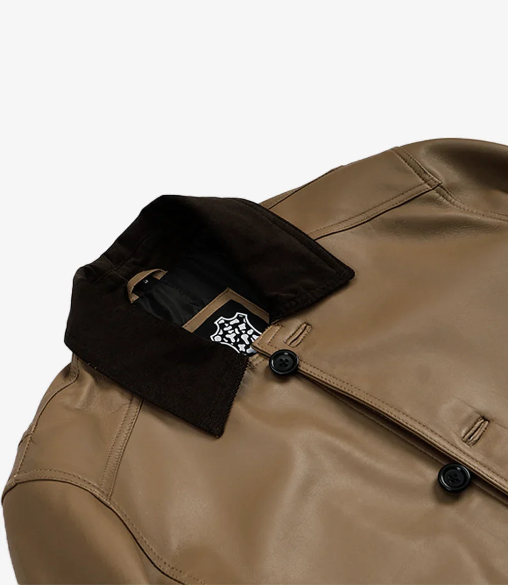 Men's Beige Leather Barn Jacket with Contrast Collar