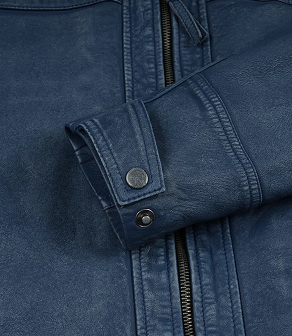 Mens Blue Washed Leather Biker Style Jacket