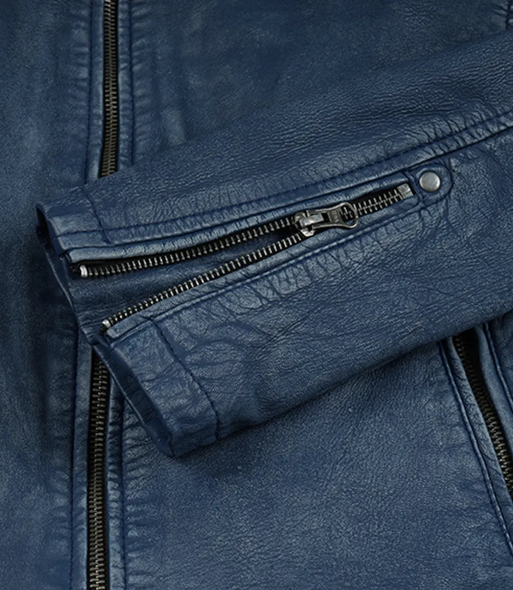 Mens Blue Washed Biker Style Leather Jacket