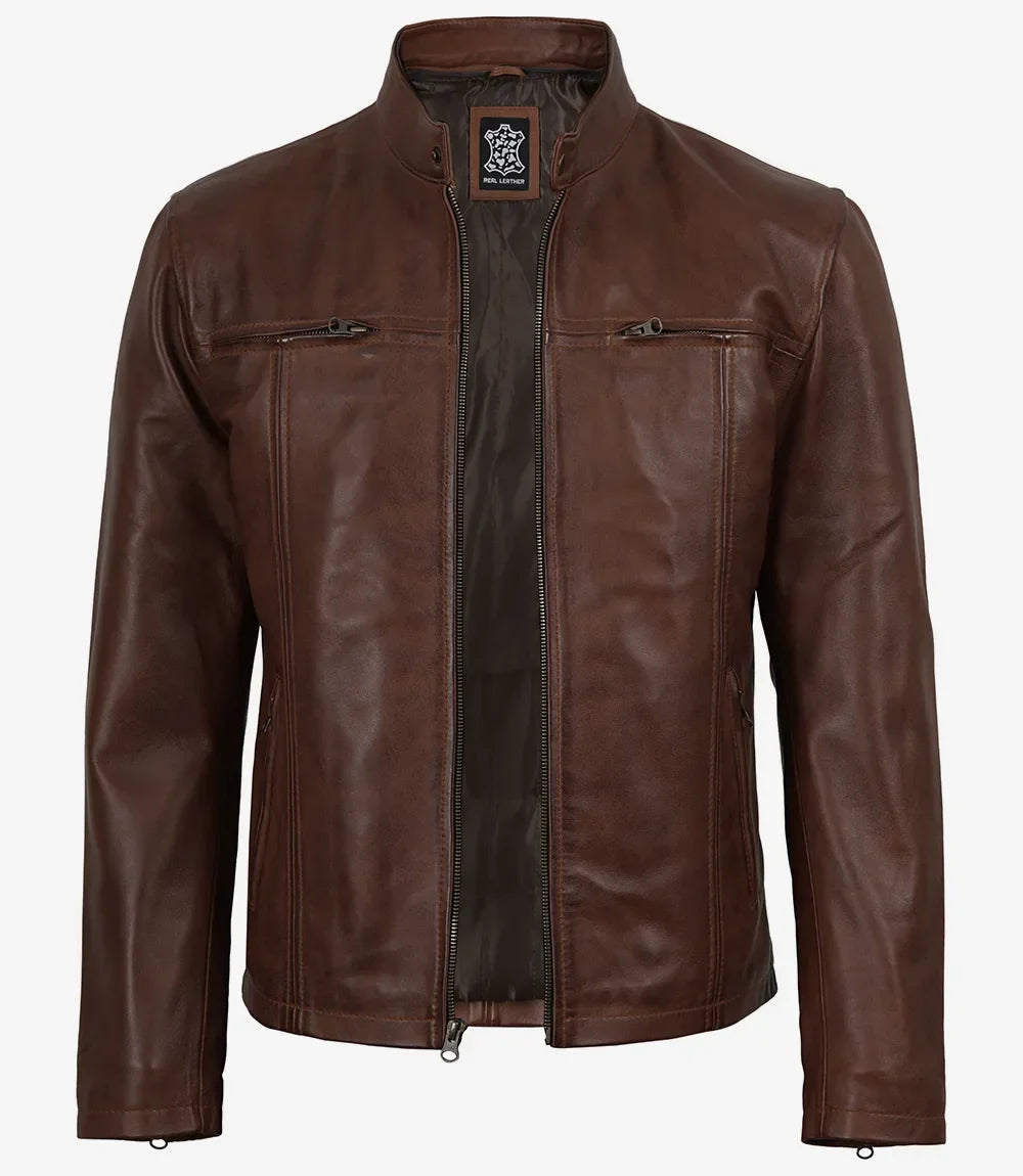 Mens Cognac Waxed Biker Style Leather Jacket with Hood