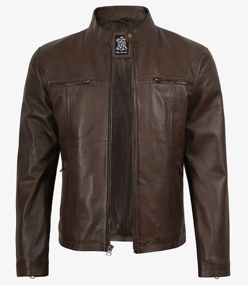 Mens Dark Brown Biker Style Leather Jacket with Hood