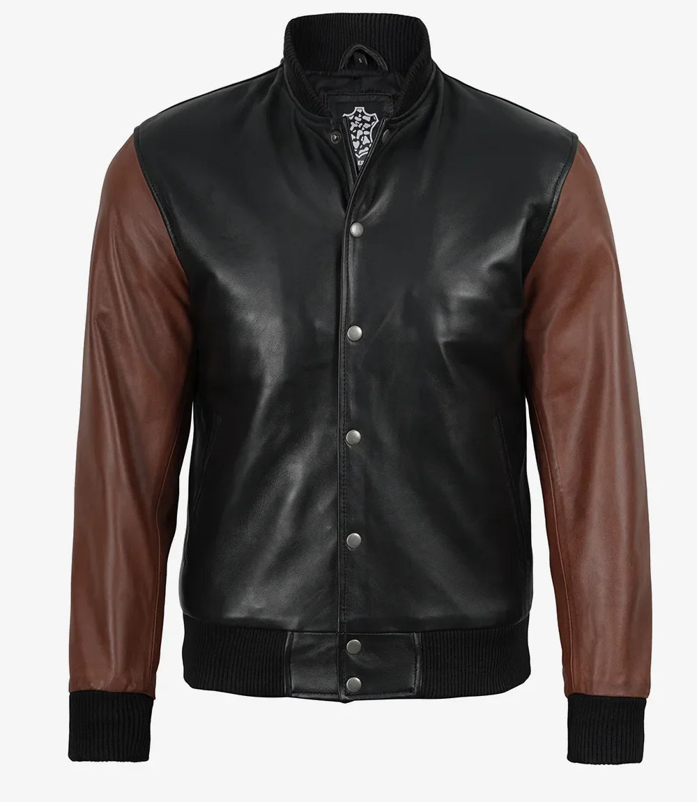 Mens Black and Cognac Bomber Leather Jacket - Letterman Style