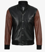 Mens Black and Cognac Bomber Leather Jacket - Letterman Style
