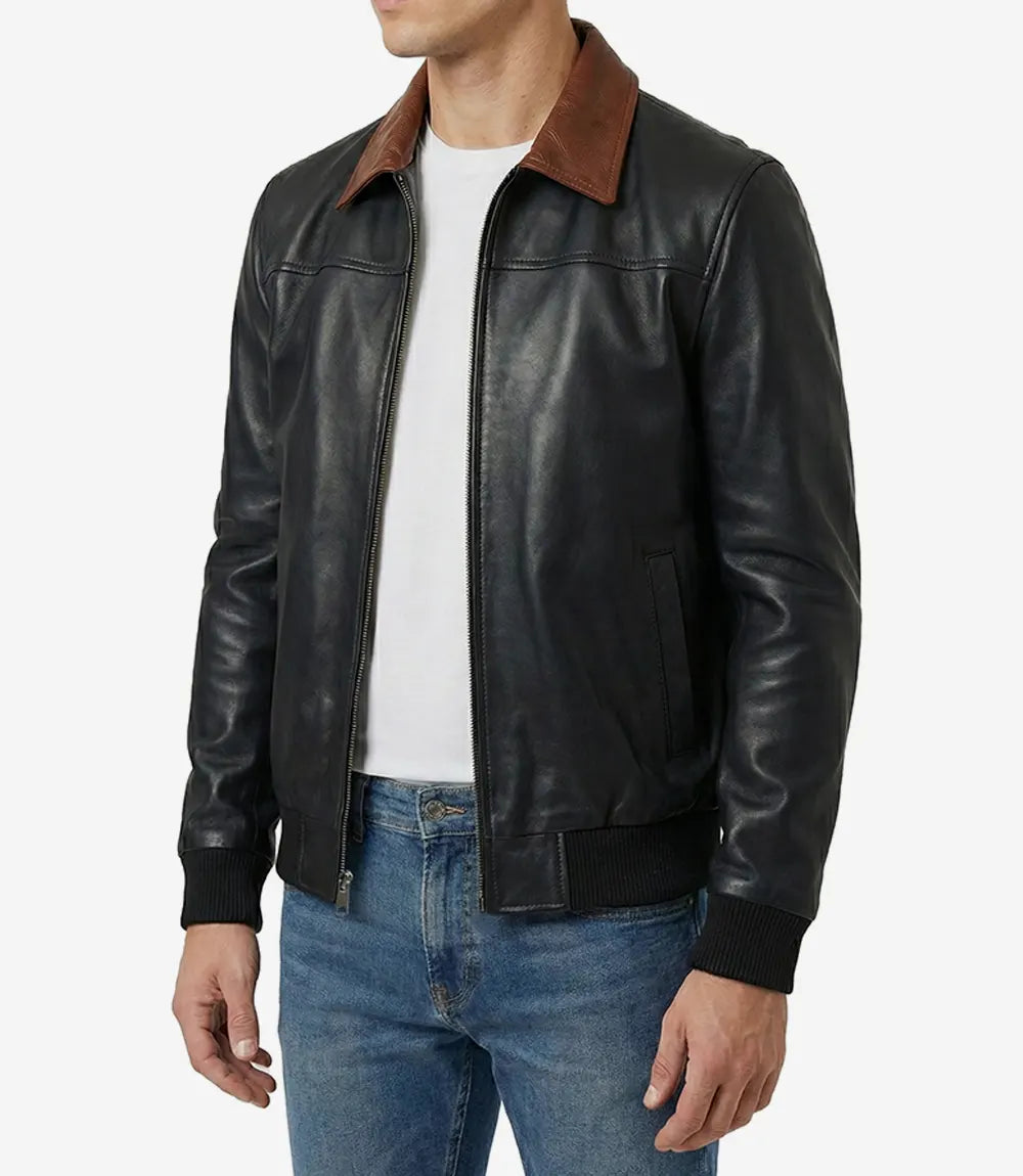 Mens Black Leather Bomber Jacket with Dark Brown Collar