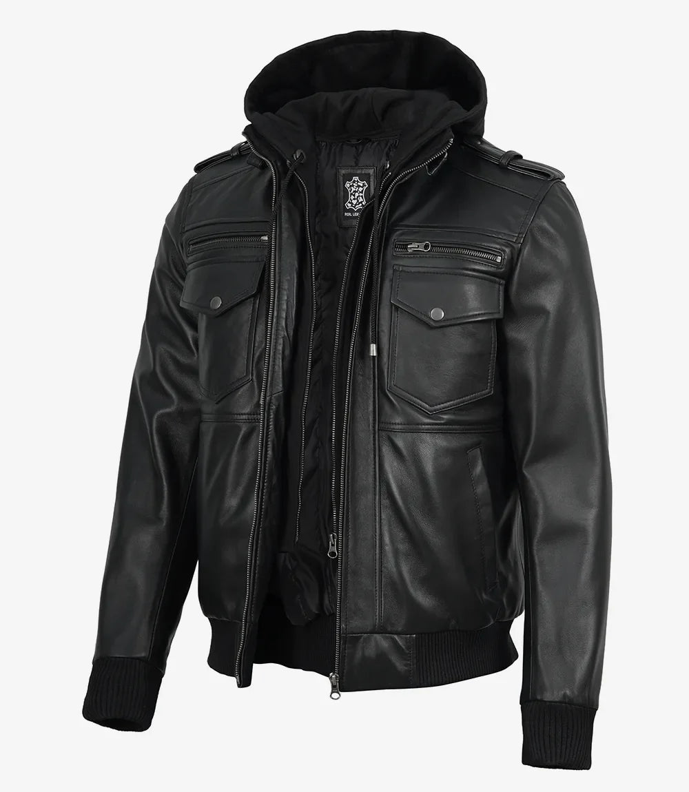 Mens Classic Black Bomber Leather Jacket with Hood