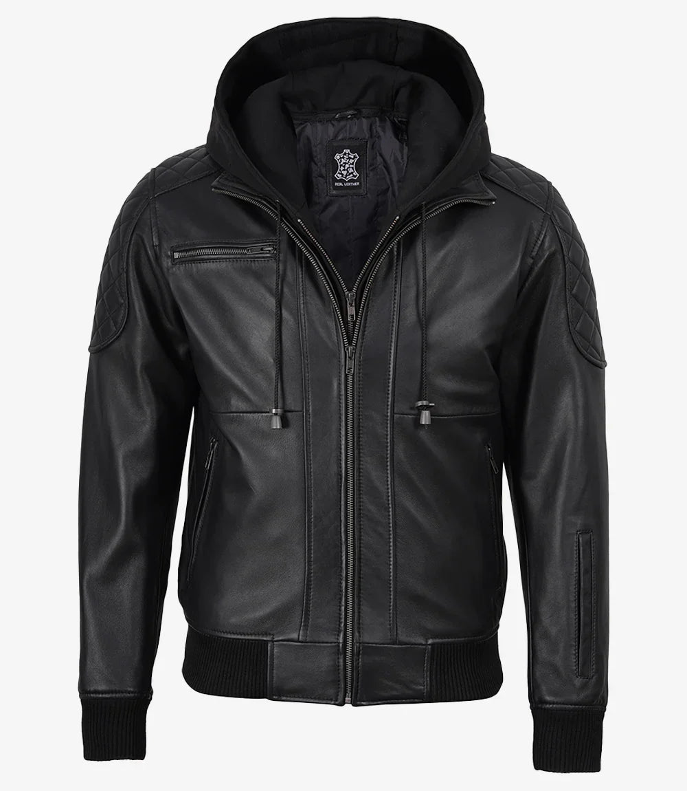 Men's Black Quilted Leather Bomber Jacket with Removable Hood