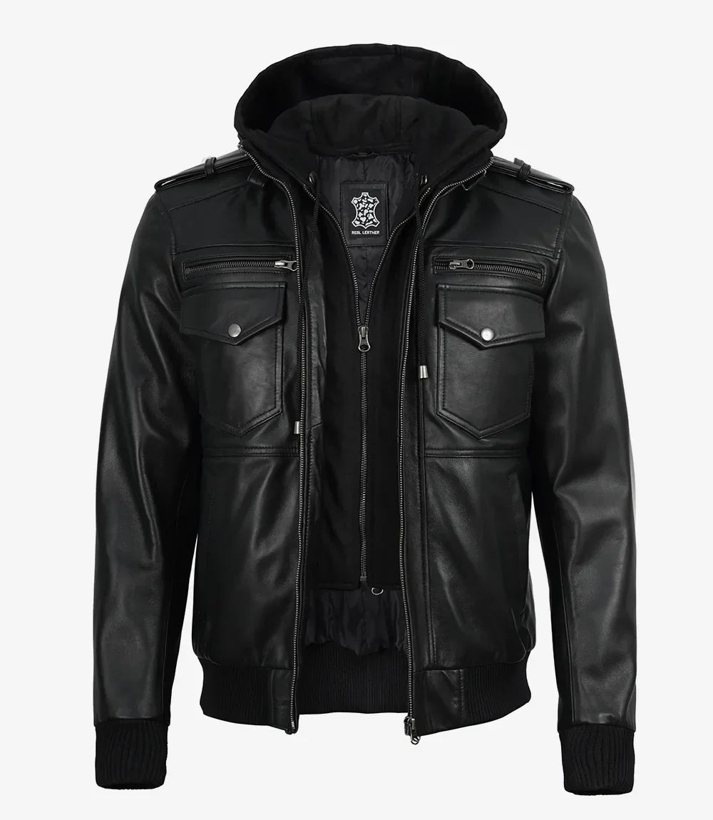 Mens Classic Black Bomber Leather Jacket with Hood