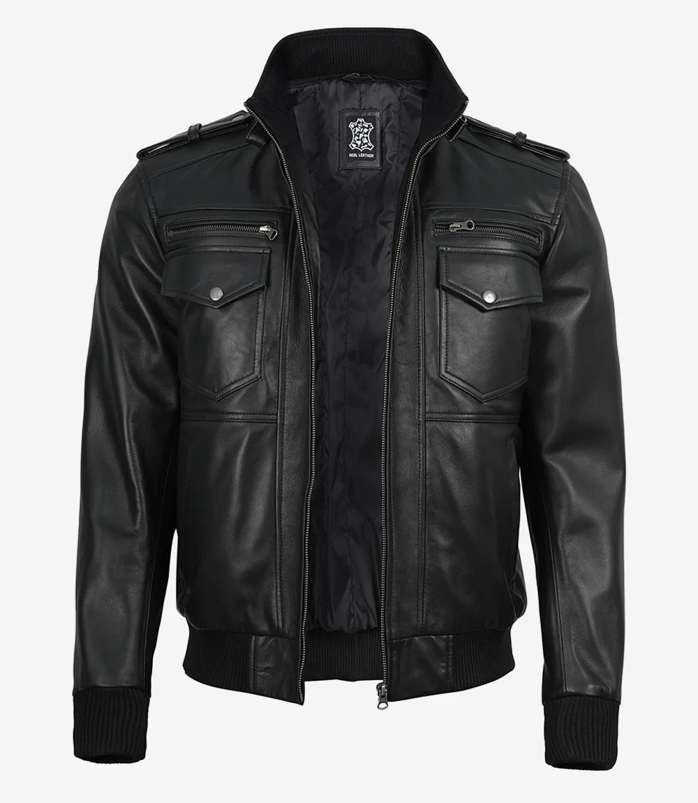 Mens Classic Black Bomber Leather Jacket with Hood