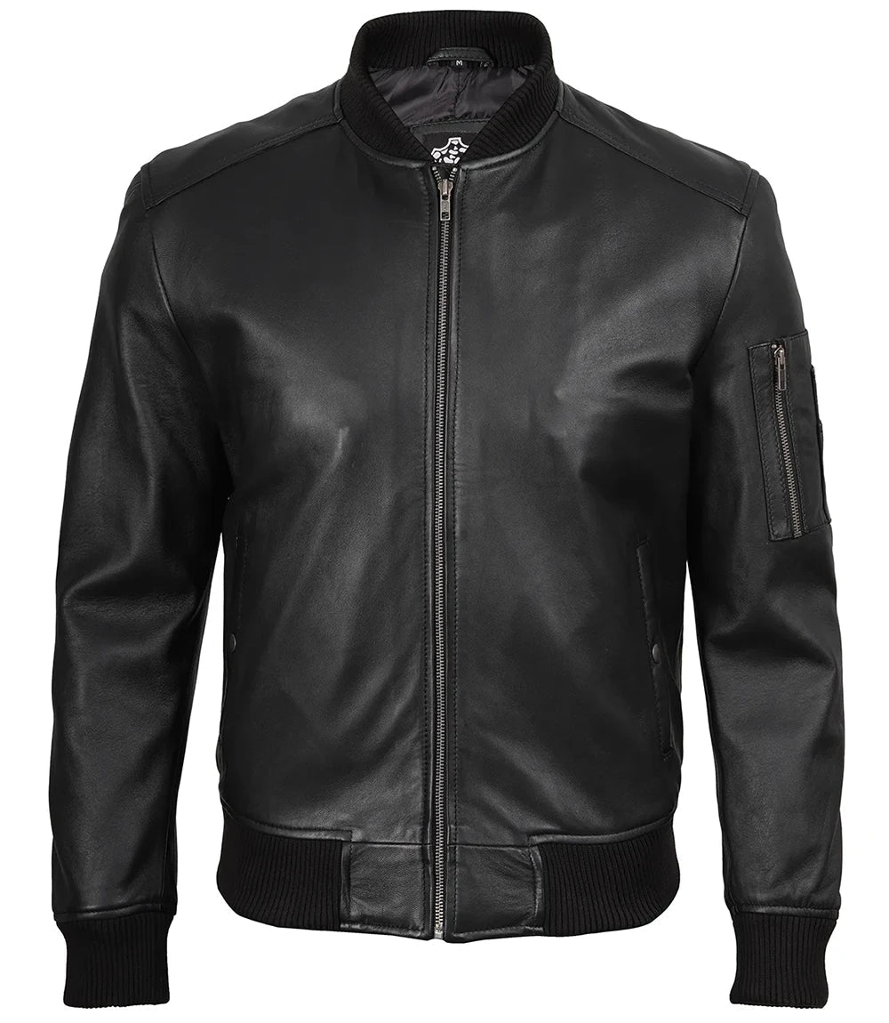 Men's Black Real Leather Bomber Jacket – Minimalist Edition